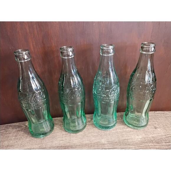 Vintage Lot of 4 Collectible Glass Coke Bottle Coca Cola 8 Inch Clear Green - Picture 1 of 5
